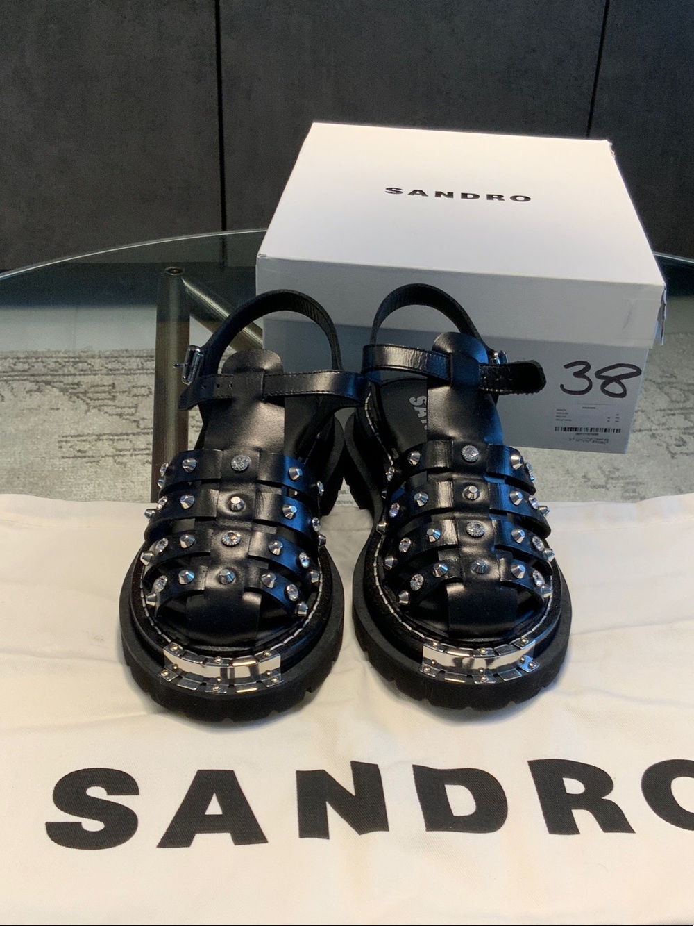 Sandro Black Leather Crystal Studded Sandals with Silver Accents 38